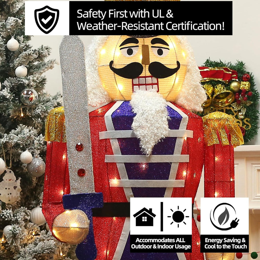 61Inch Nutcracker Christmas Decor Outdoor with LEDs 5 Feet Lighted Large Nutcracker Lighted Christmas Decorations Outdoor with Stakes & Zip Ties for Xmas Yard, Porch, Lawn