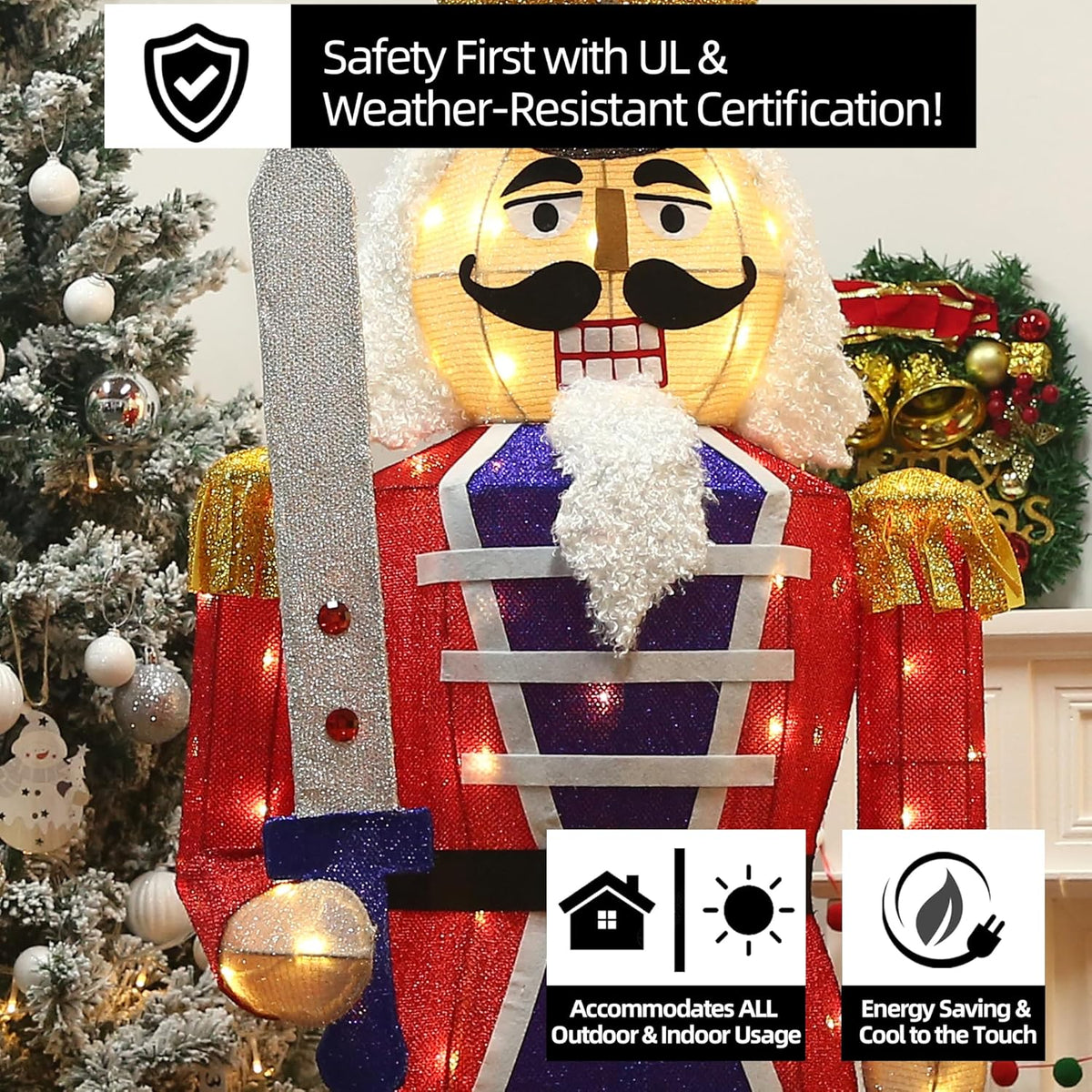 61Inch Nutcracker Christmas Decor Outdoor with LEDs 5 Feet Lighted Large Nutcracker Lighted Christmas Decorations Outdoor with Stakes & Zip Ties for Xmas Yard, Porch, Lawn