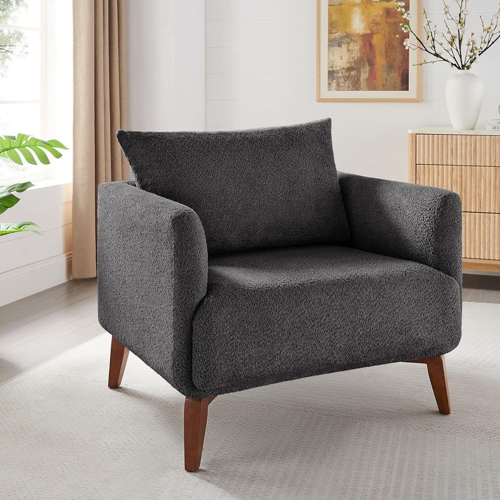 Oversized Accent Chair Modern Boucle Armchair for Living Room- 37" Wide Accent Chair with Solid Wood Legs, Dark Gray Upholstered Lounge Chair for Bedroom & Office, Cozy Reading Chair (Easy Assembly)