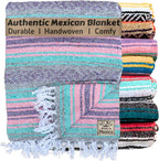 Del Mex Classic Mexican Blanket, Large Authentic Woven Falsa Throw (70"x50"), Artisan Southwest Décor for Beach, Yoga, Outdoors (Mint/Pink/Gray)