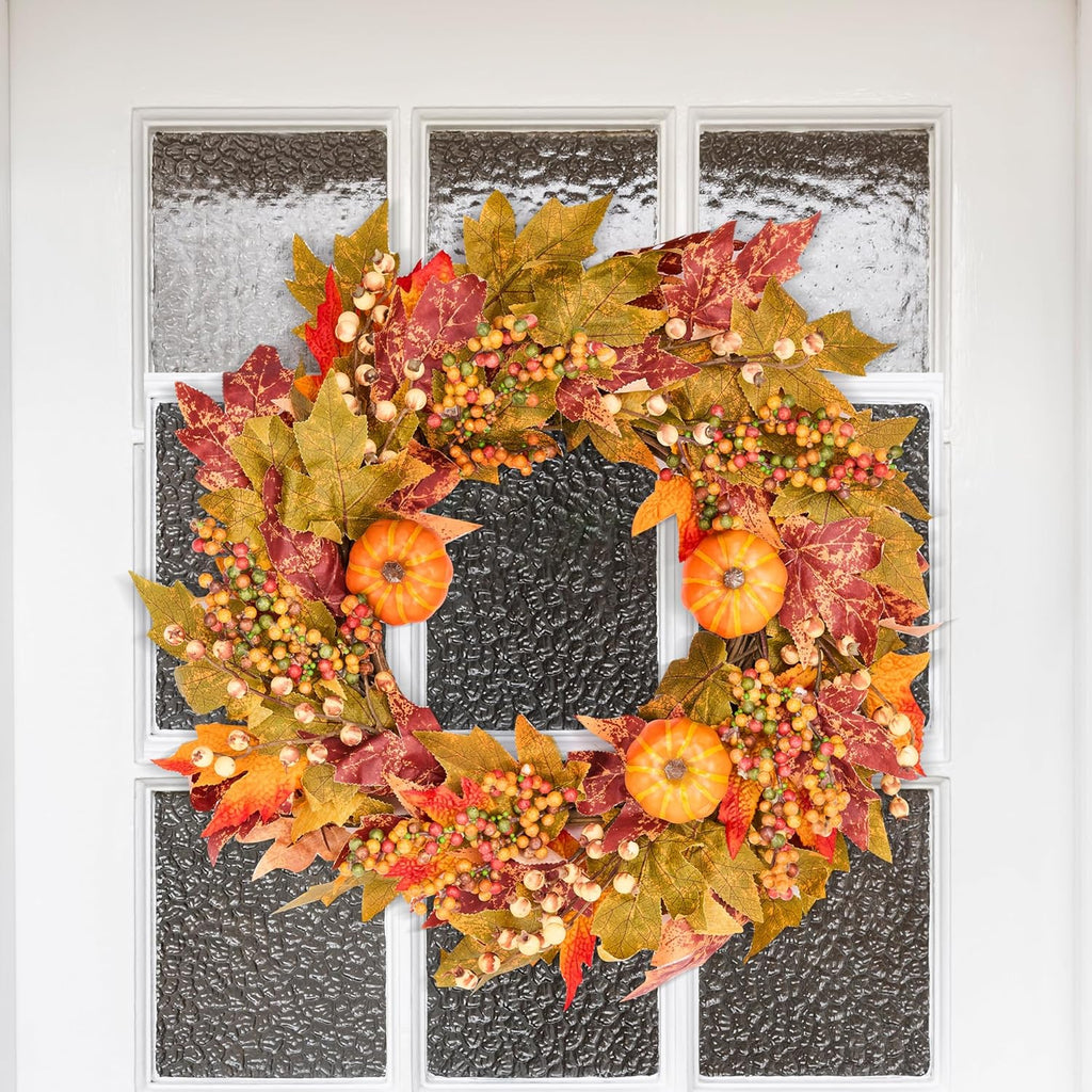 GENMOUS 24 Inch Fall Wreaths for Front Door, Autumn Maple Leaves Wreath for Home Porch Decor, Farmhouse Pumpkin Wreaths for Thanksgiving Halloween Harvest Festival Fall Decoration Outdoor Indoor Home