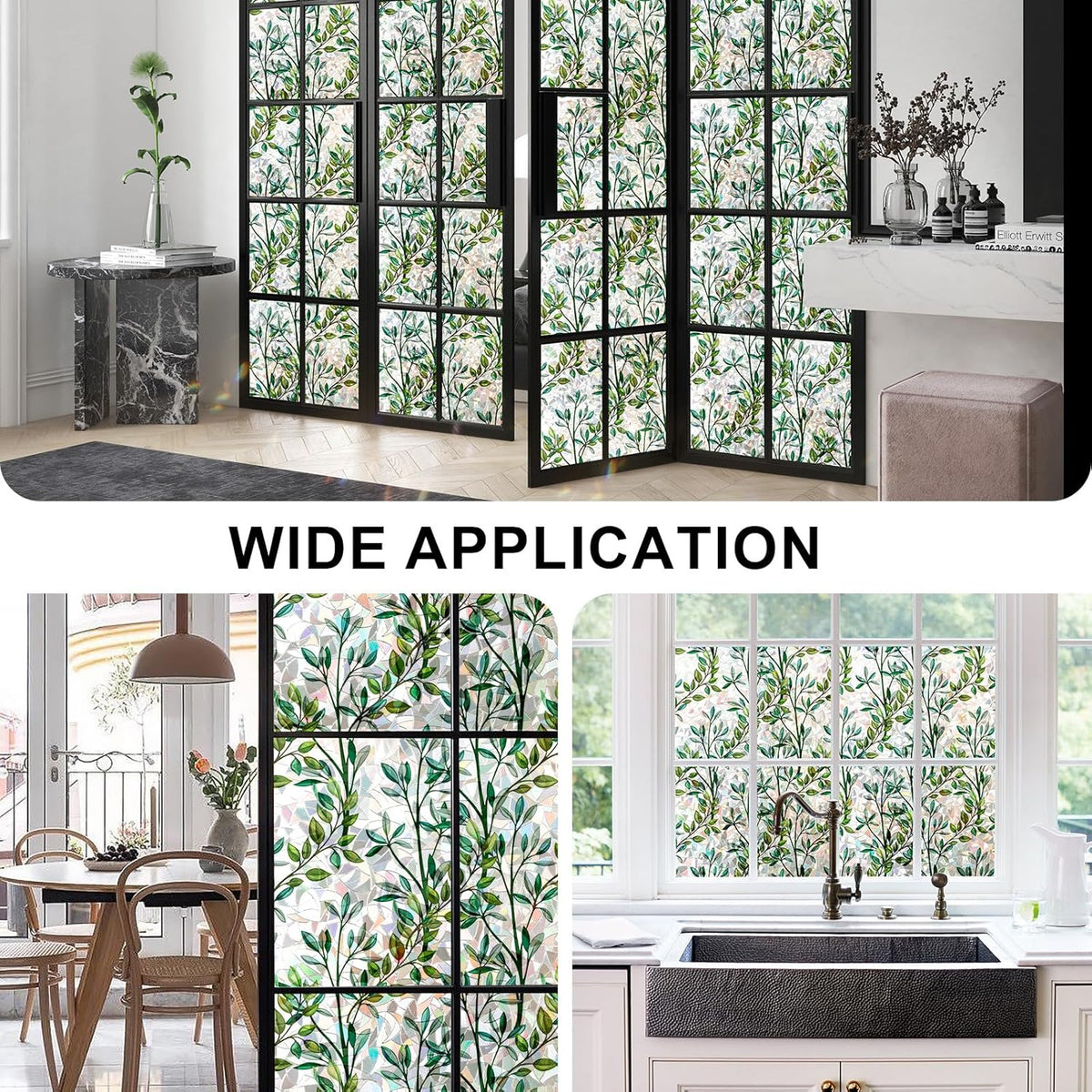 Rainbow Window Privacy Film 3D Leaf Decorative Stained Glass Window Film Anti UV Non-Adhesive Reusable 23.6" x 157.4" for Home Room Car Glass Cling