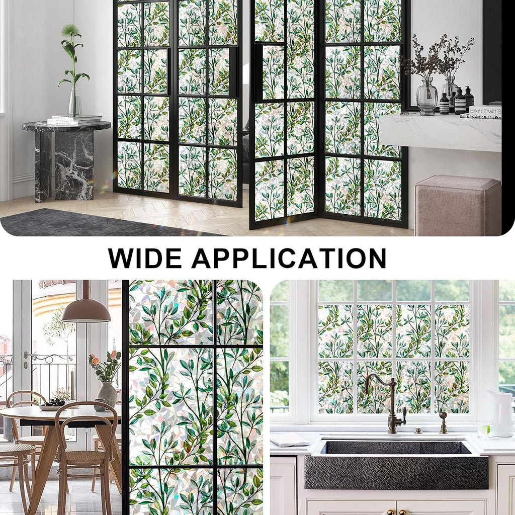Rainbow Window Privacy Film 3D Leaf Decorative Stained Glass Window Film Anti UV Non-Adhesive Reusable 17.5" x 157.4" for Home Room Car Glass Cling