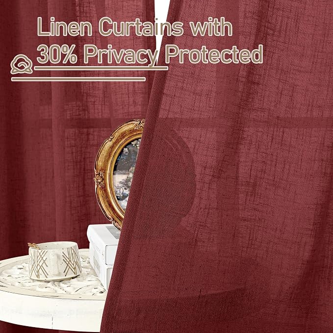 Red Sheer Linen Curtains 45 Inch Length, Linen Textured Light Filtering Panels - Image 6