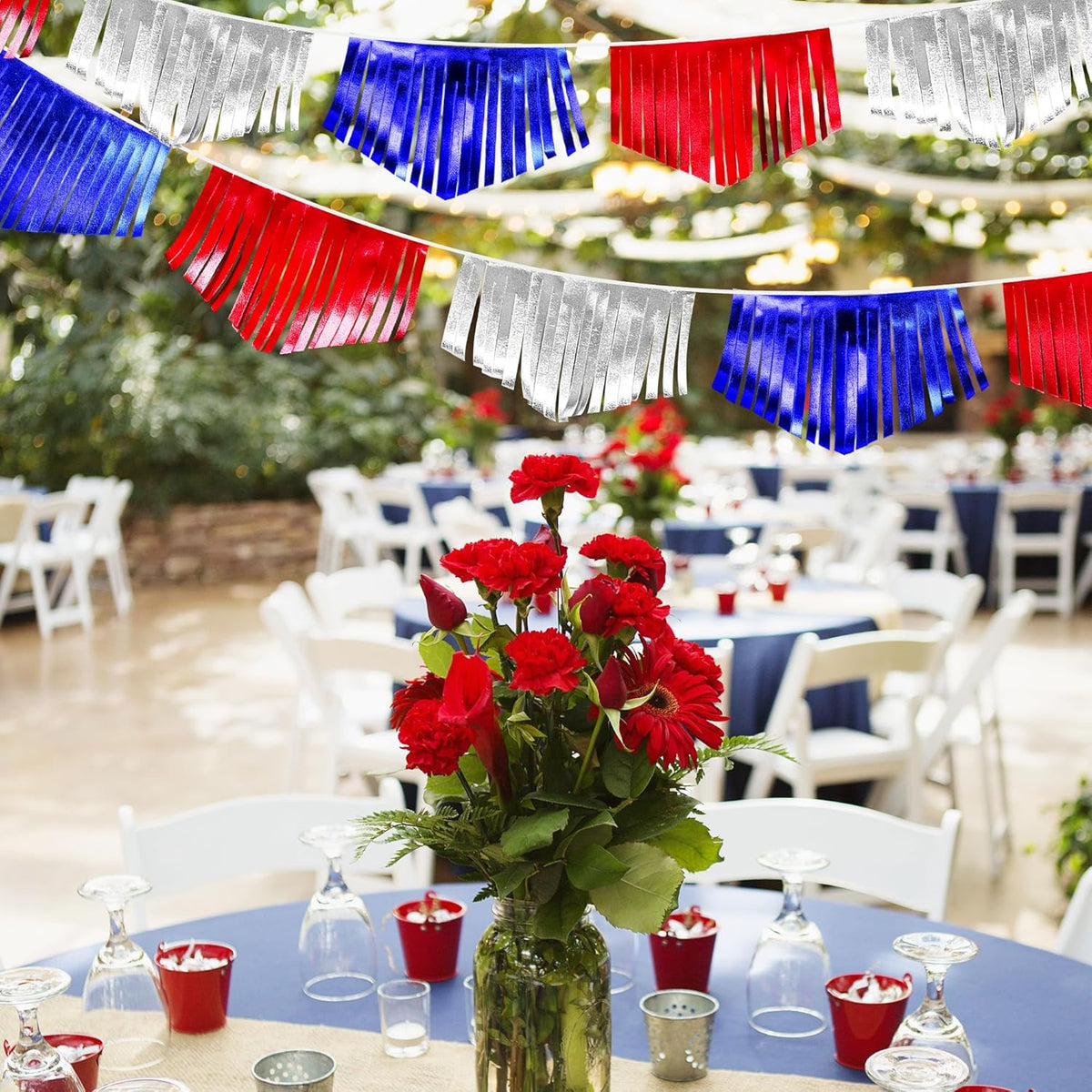 Blue Red Silver Tassel Banner Metallic Fabric Pennant Bunting Flag for 4th of July American USA National Day Patriotic Veterans Graduation Wedding Birthday Retirement Nautical Party Decorations