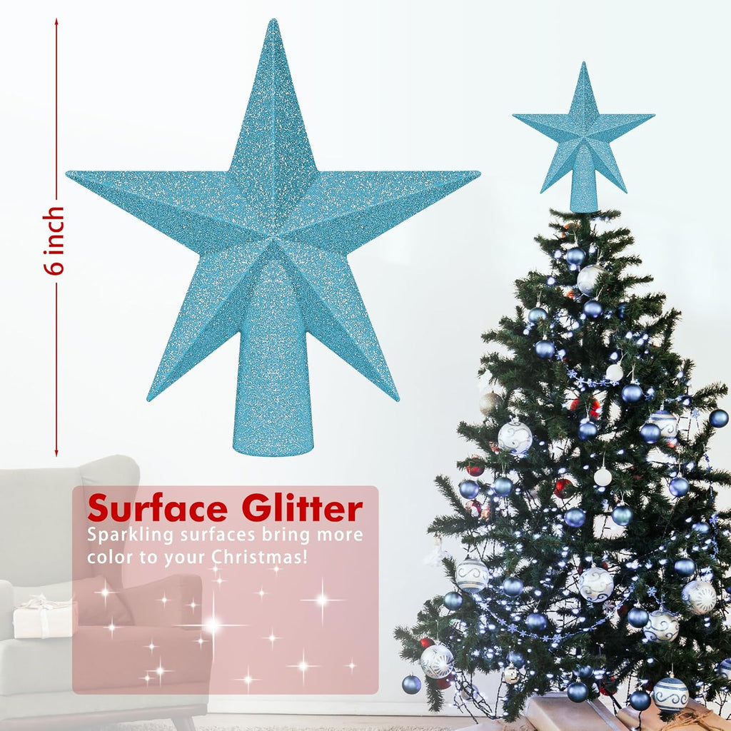 Christmas Tree Topper, Blue 6" 3D Star Tree Topper Decorations, Christmas Tree Topper Bethlehem Star Ornament, Glitter Waterproof Shatterproof Xmas Tree Decor for Holiday Xmas Home Indoor Outdoor