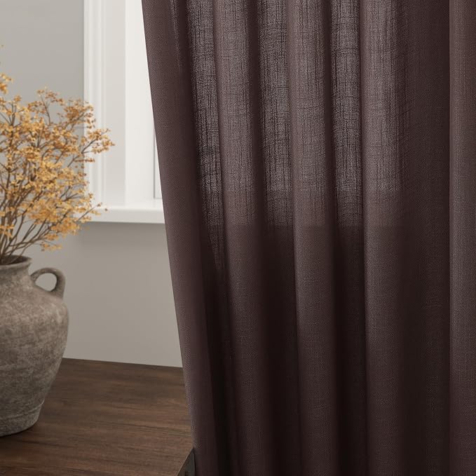 Coffee Linen Curtains for Living Room Back Tab Rod Pocket Semi Sheer Curtain 63 - Image 2