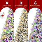 9ft Pre-Lit Snow Flocked Rotating Christmas Tree with 600 Multi-Color LED Lights, 2512 PE & PVC Tips - Realistic Artificial Tree for Holiday Decor