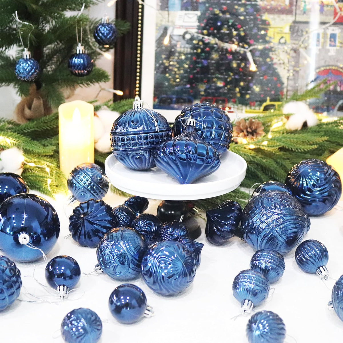 Senjie 36pcs Night Blue Christmas Ornaments Set with 7 Styles Multi-Size Shatterproof Christmas Tree Decorations