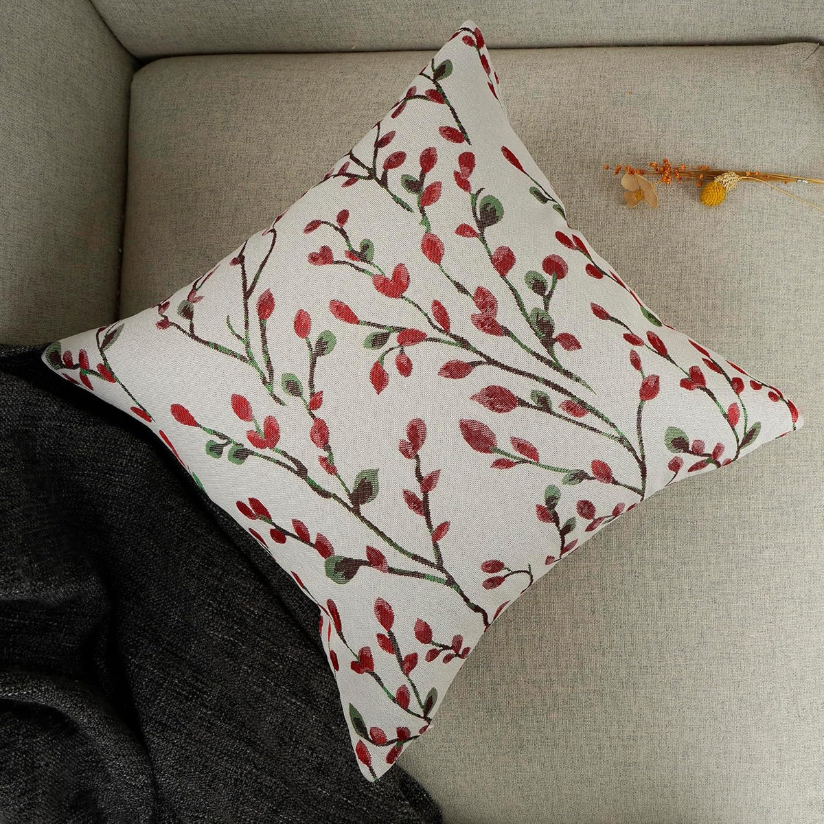 YOUR SMILE Christmas Red Classical Embroidery Jacquard Teal Leaf Pattern Square Decorative Throw Pillow Case Cushion Cover 18 x 18 inch