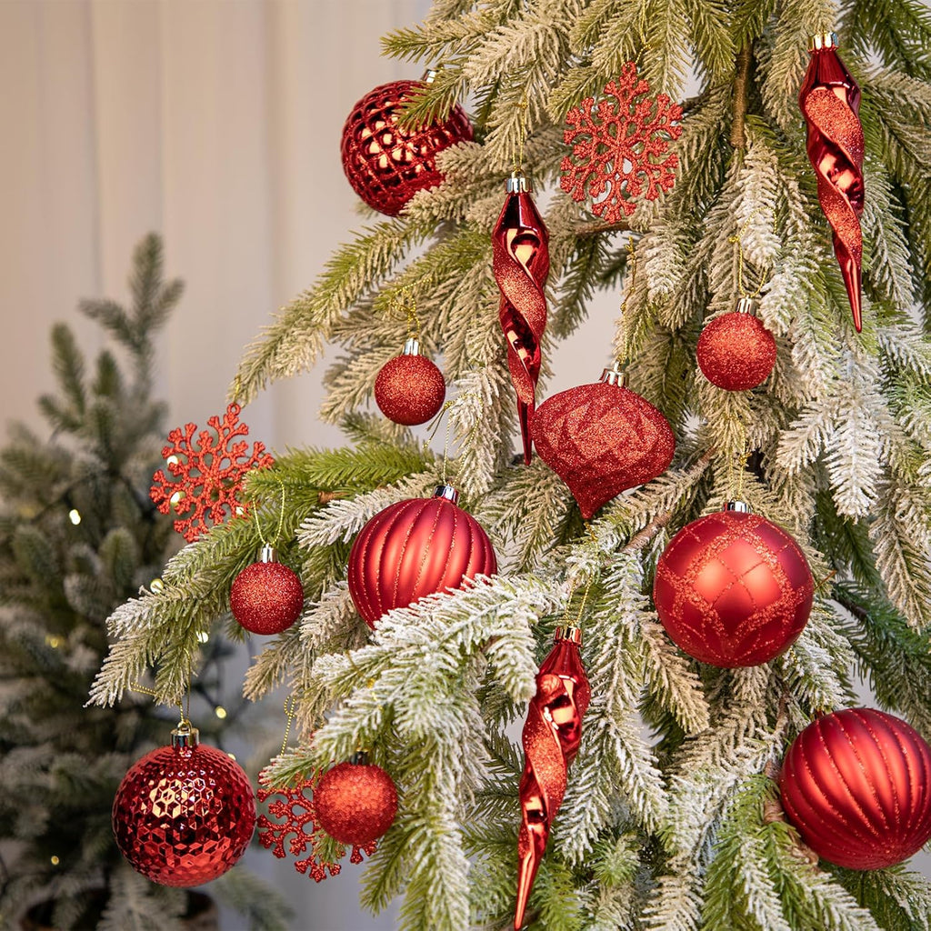 50PCS Christmas Tree Ornaments Set with Shatterproof Balls Icicle Snowflake Hanging Ornaments for Home Office Farmhouse Christmas Decorations, Red