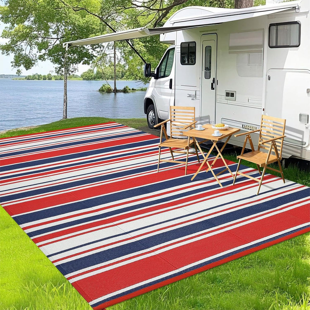 Outdoor Patio Rug 9x12 Stain-Resistant Reversible Camping Mat, Modern Striped Outdoor Plastic Straw Rug, Waterproof Outside Carpet, Easy to Clean for RV, Porch, Deck, Balcony, Red Blue White