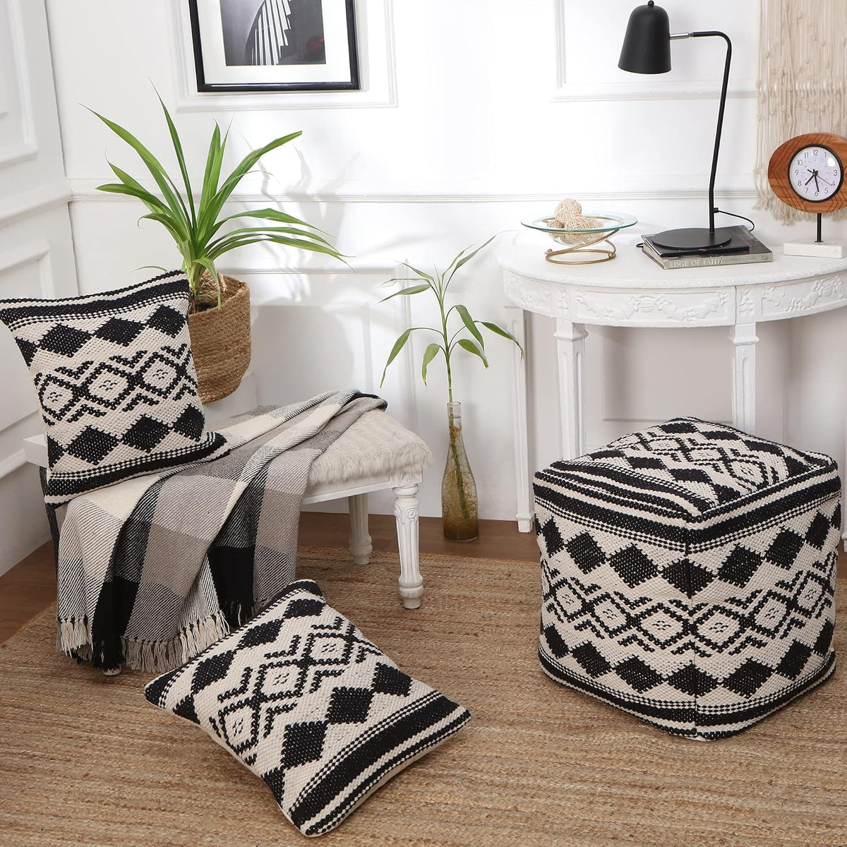 REDEARTH · Tufted Pouf Ottoman with Filler Textured Storage Cube Bean Bag Pouffe Footrest for Living Room, Bedroom, Nursery, Kidsroom; 100% Cotton (17.5"X17.5"X17.5", Linear Diamond Black)