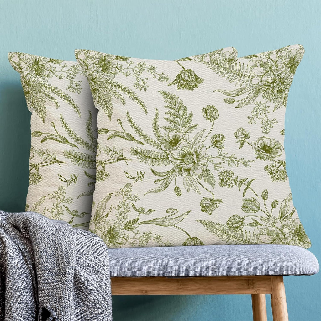 CXMEIFLY Sage Green Spring Pillow Covers 16 x 16 Inch Set of 2 for Chinoiserie Flowers Decor Throw Pillows Floral Leaves Seasonal Plant Outdoor Decorative Cushion Cases for Couch Bed Decorations
