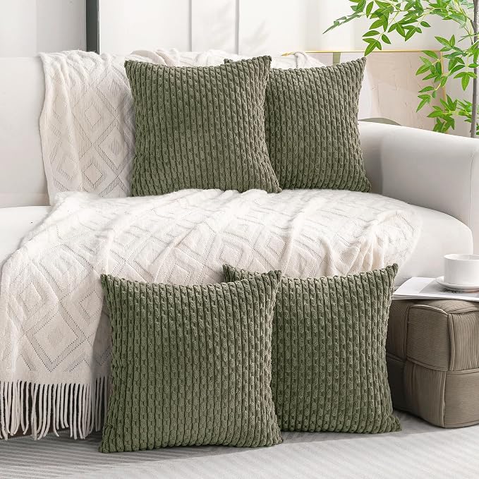 Set of 4 Olive Green Decorative Throw Pillow Covers 20x20 Inch Corduroy Pillow - Image 9