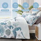 Coastal Bedding Twin Size Coastal Quilt with Shams, Nautical Beach Comforter Sets Ocean Bedspreads Blue Seahorse Coverlet Summer Bedding, 68''x86''