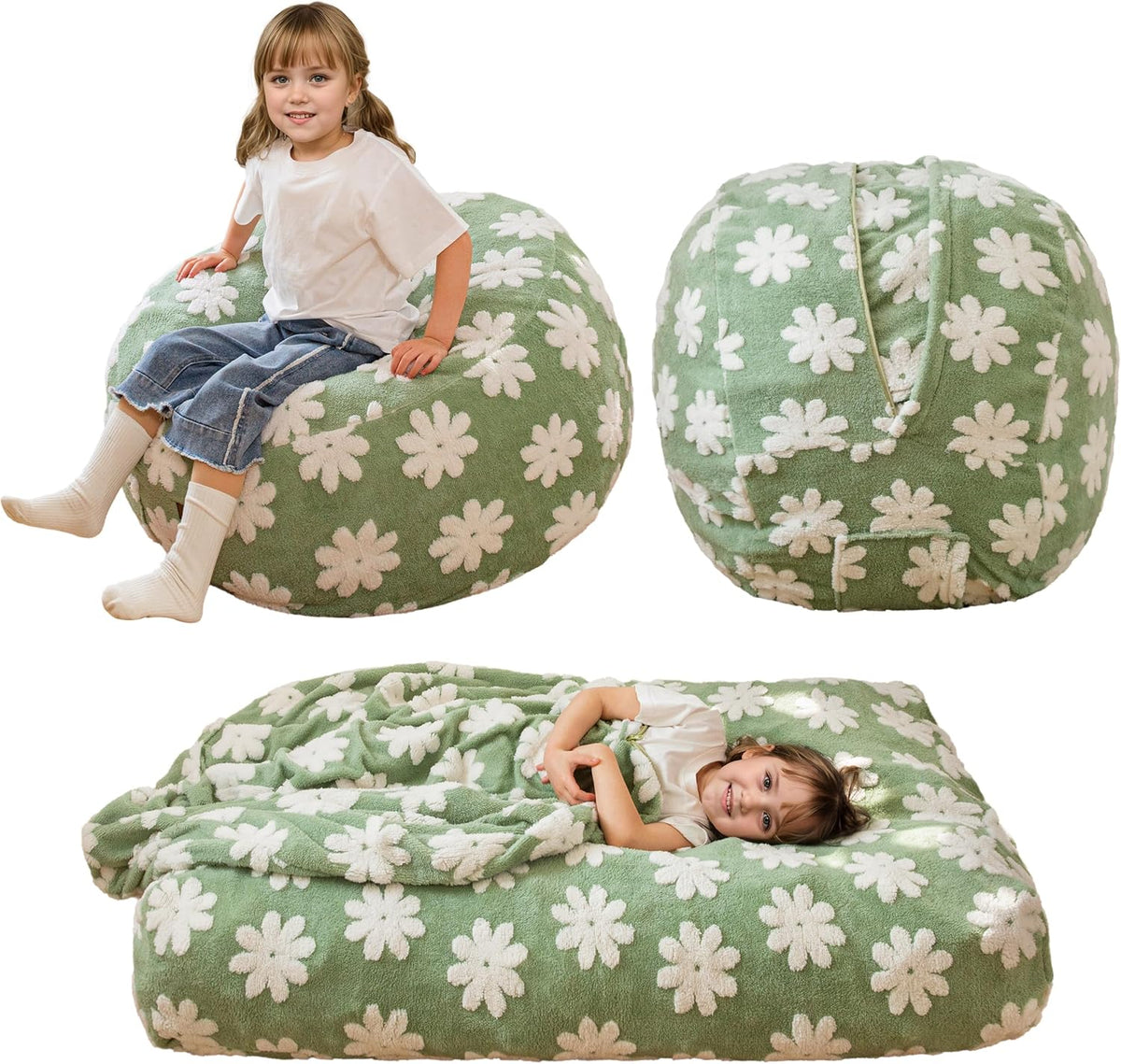 MAXYOYO Bean Bag Chair Bed for Kids, Convertible Bean Bag from Lazy Chair to Floor Bed, Fresh Floral Design Cover, Stuffed Floor Sofa Couch for Boys and Girls, High-Density Foam Filling, Green