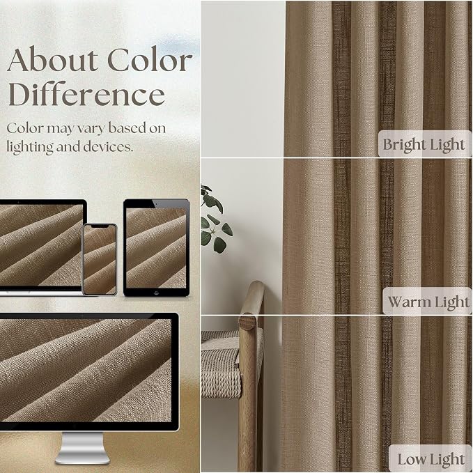 98 Inch Tan Brown Pinch Pleat Memory Trained Light Filter Linen Curtains | Semi - Image 4