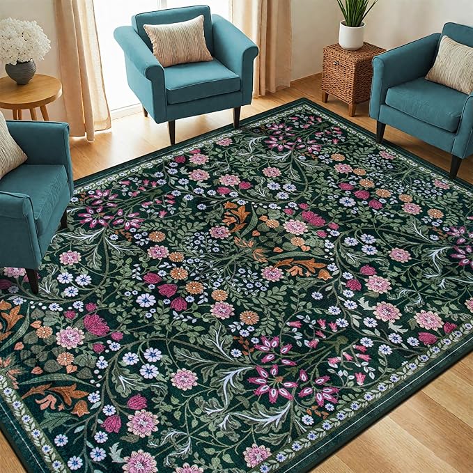 PLHXFR 6x9 Area Rug Living Room: Floral Washable Boho Carpet Dark Green | - Image 2