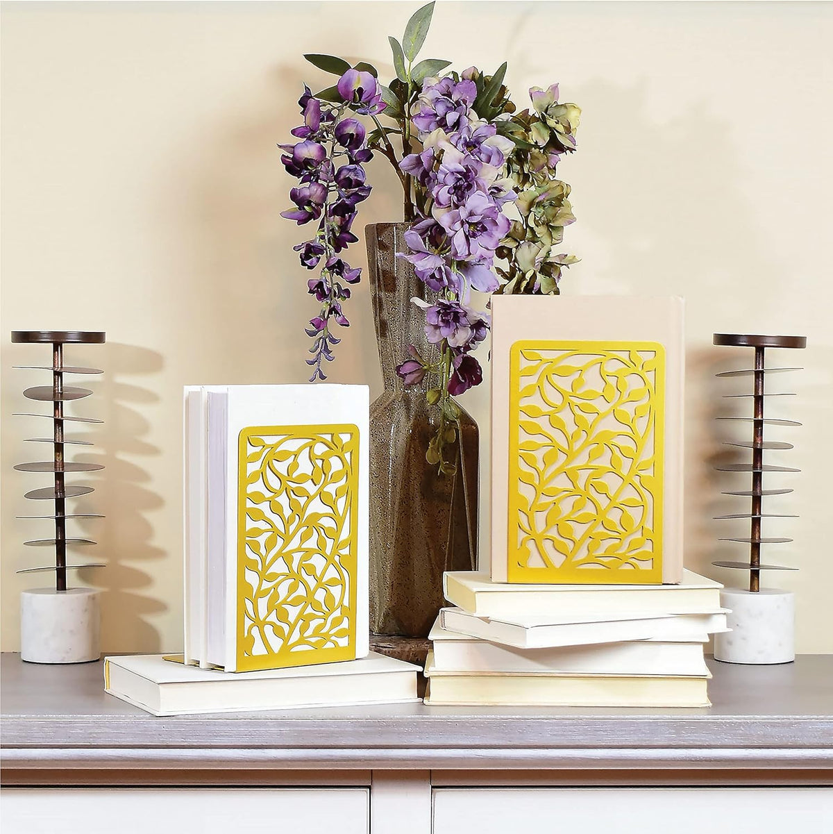 CNK Book Ends Bookends for Decorative Books Holder Bookend Shelves End Hold Heavy Duty Holders Stoppers Metal Stopper Cute Boho Bookshelf Holds Cookbook Office Home Set of 4 Bookends Pair Gold