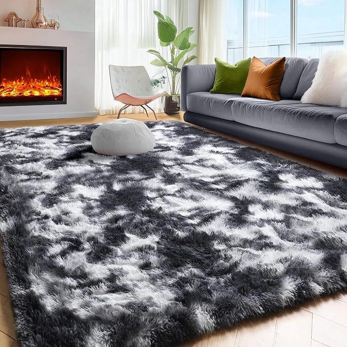 Black White Grey Bedroom Rugs 4x6 Ft, Soft Fuzzy Plush Indoor Floor Area Rug | - Image 3