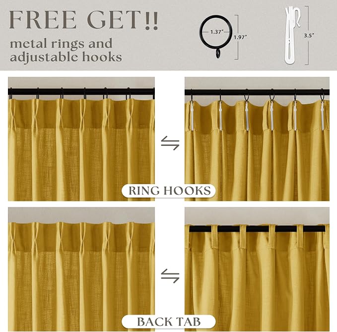 Pinch Pleated Mustard Yellow Linen Curtains 84 Inches Long 2 Panels Set | - Image 5