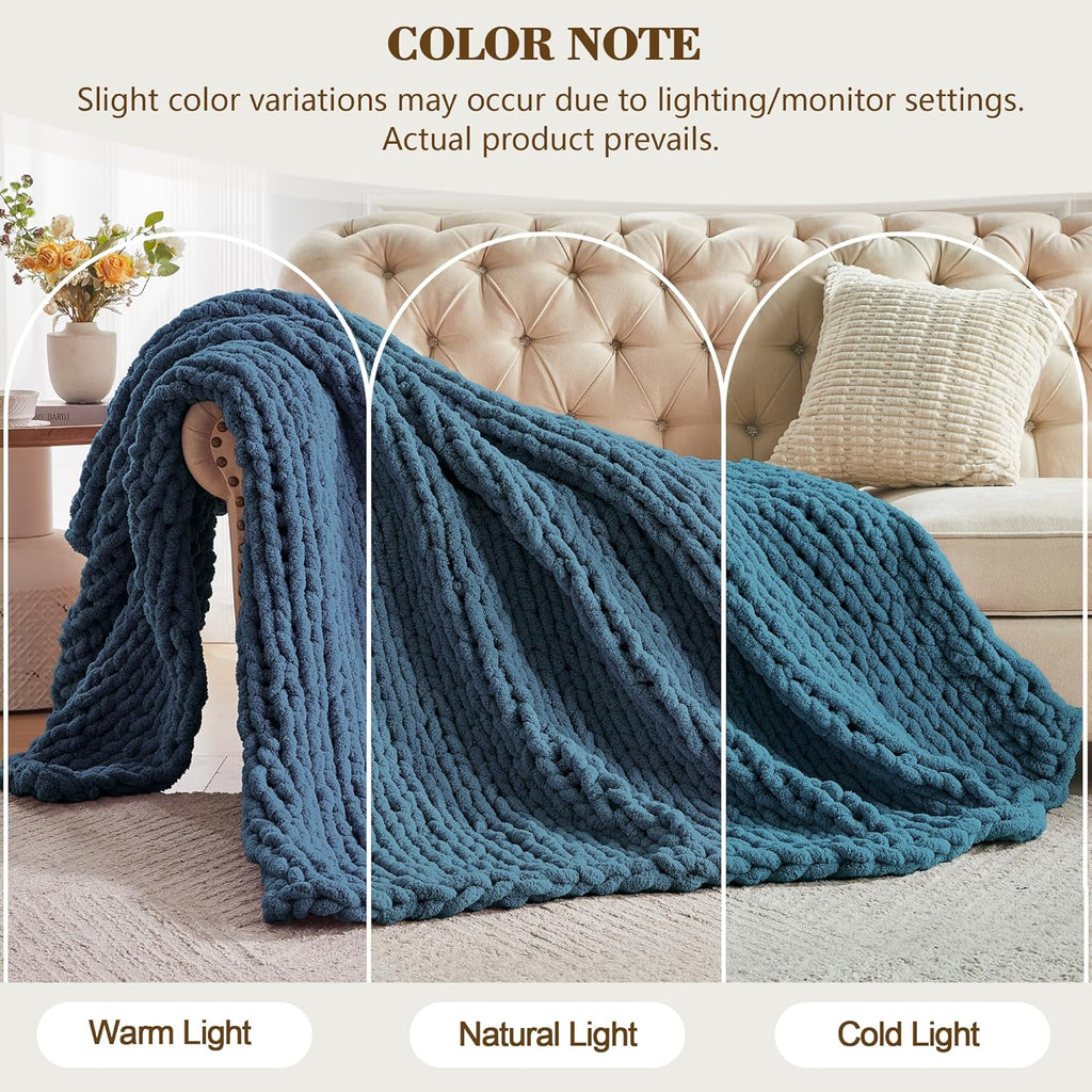 Carriediosa Chunky Knit Throw Blanket 60" X 80" Twin, 100% Hand Made Large Chenille Loop Yarn Soft Fluffy Throws for Couch Sofa Bed, Big Crochet Cozy Heavy Thick Cable Woven Blankets, Lyons Blue