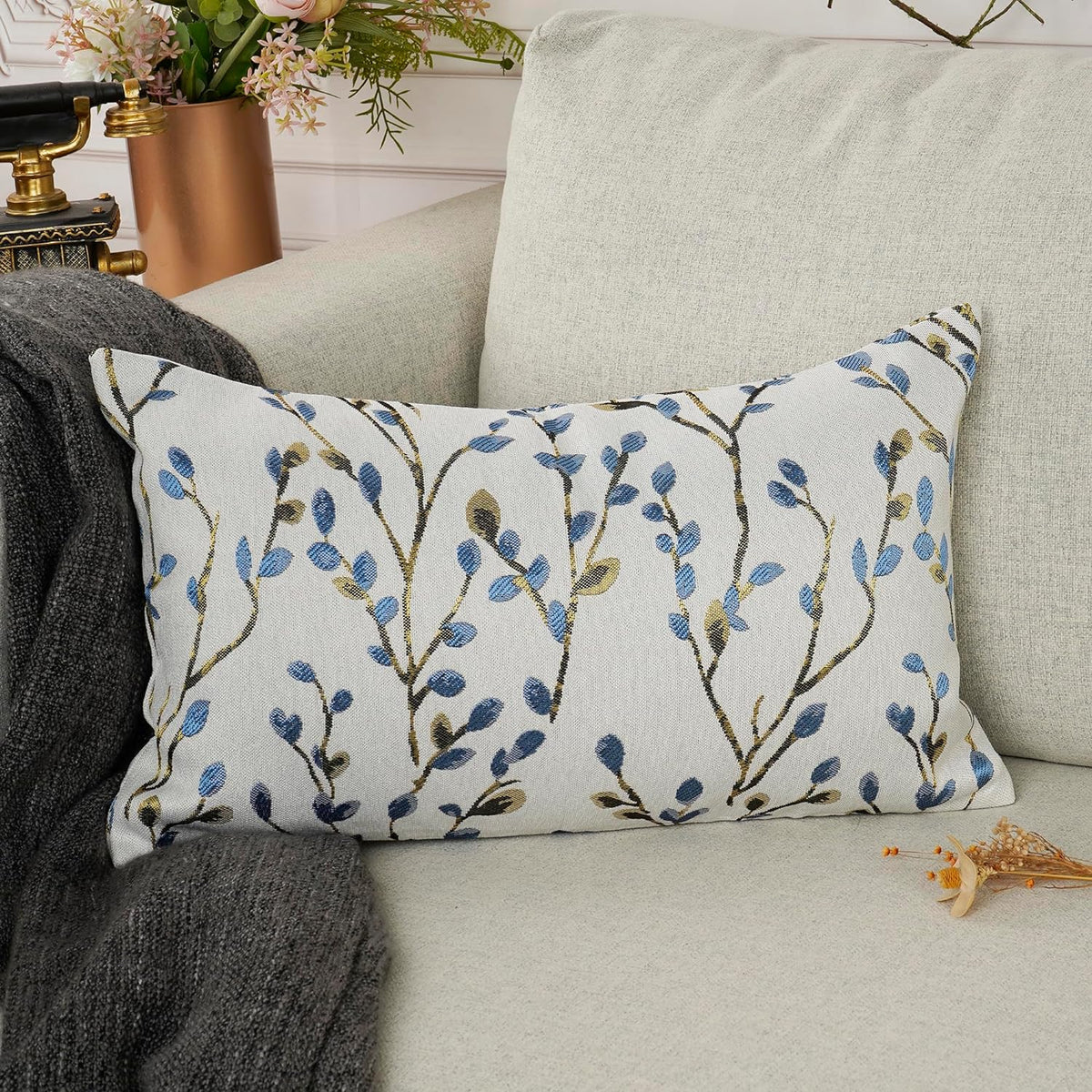 YOUR SMILE Classical Embroidery Jacquard Blue Square Decorative Throw Pillow Case Cushion Cover,12x20 inch