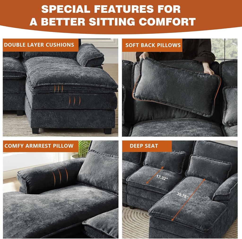 113" Oversized Cloud Couch, U Shape Sectional 4 Seat Sofa with Double Chaises, 2 Layer Cusions, Deep Seat Comfy Sofa, Upholstery Chenille Fabric for Living Room, Dark Grey