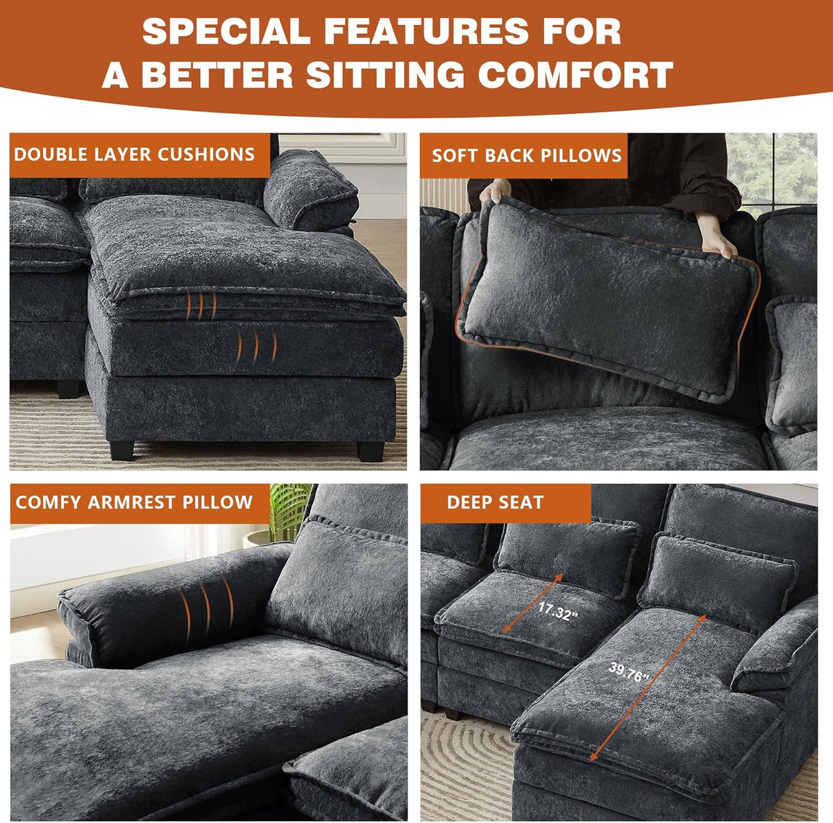 113" Oversized Cloud Couch, U Shape Sectional 4 Seat Sofa with Double Chaises, 2 Layer Cusions, Deep Seat Comfy Sofa, Upholstery Chenille Fabric for Living Room, Dark Grey