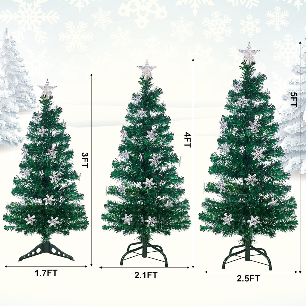 Prsildan 5 FT Artificial Christmas Tree, Pre-Lit Optical Fiber Xmas Trees with Multicolor LED Lights, Snowflakes & Top Star, Lighted Christmas Tree Holiday Home Decor