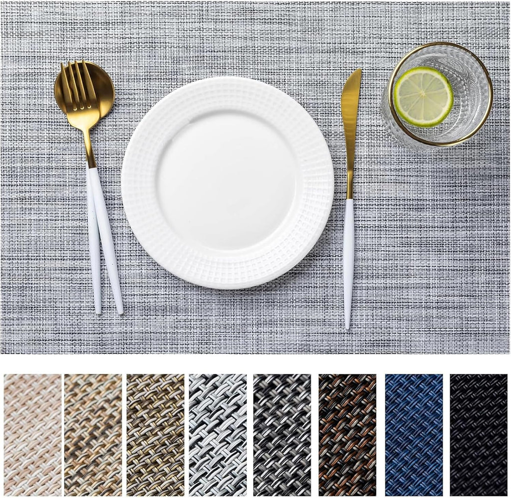 LEXMORE Placemats Set of 4 Vinyl/Plastic Woven Place Mats for Kitchen Table Indoor/Outdoor Washable Placemat Wipeable Dining Table Mats(Gray)