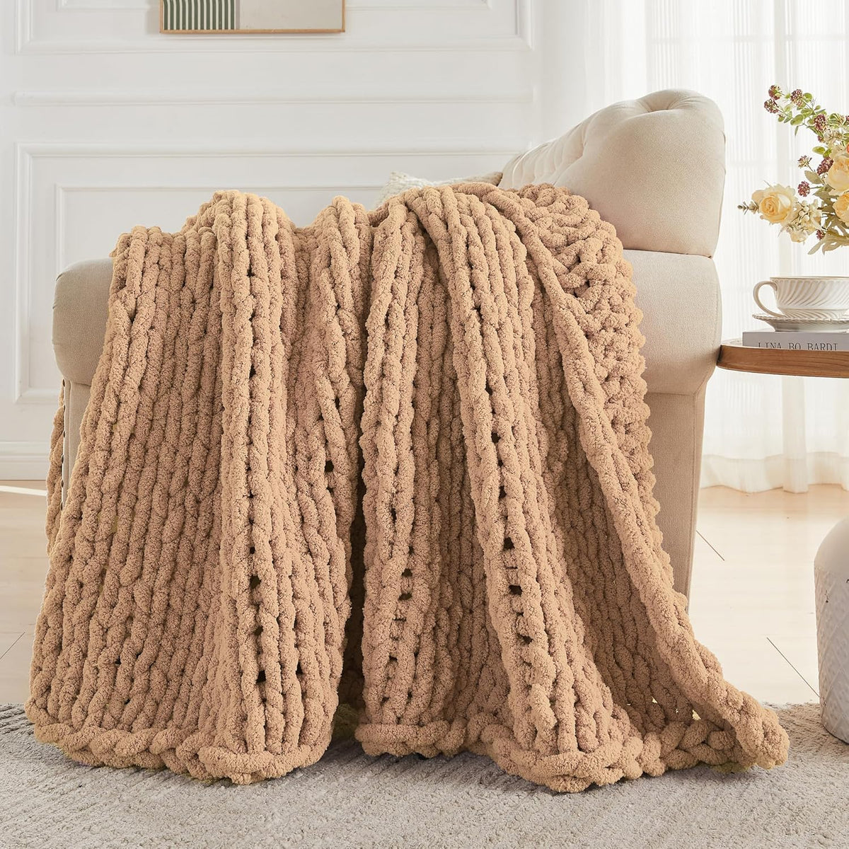 Carriediosa Chunky Knit Throw Blanket 50" X 60", 100% Hand Made Large Chenille Loop Yarn Soft Fluffy Throws for Couch Sofa Bed, Big Crochet Cozy Heavy Thick Cable Woven Blankets, Tan Brown