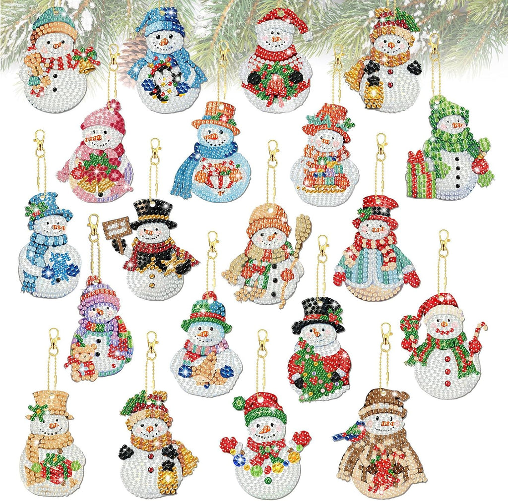 Tondiamo 20 Pcs Christmas Diamond Painting Keychain Kits 5D DIY Diamond Art Pendants Double Sided Hanging Key Chains for Christmas Party Decoration DIY (Snowman)
