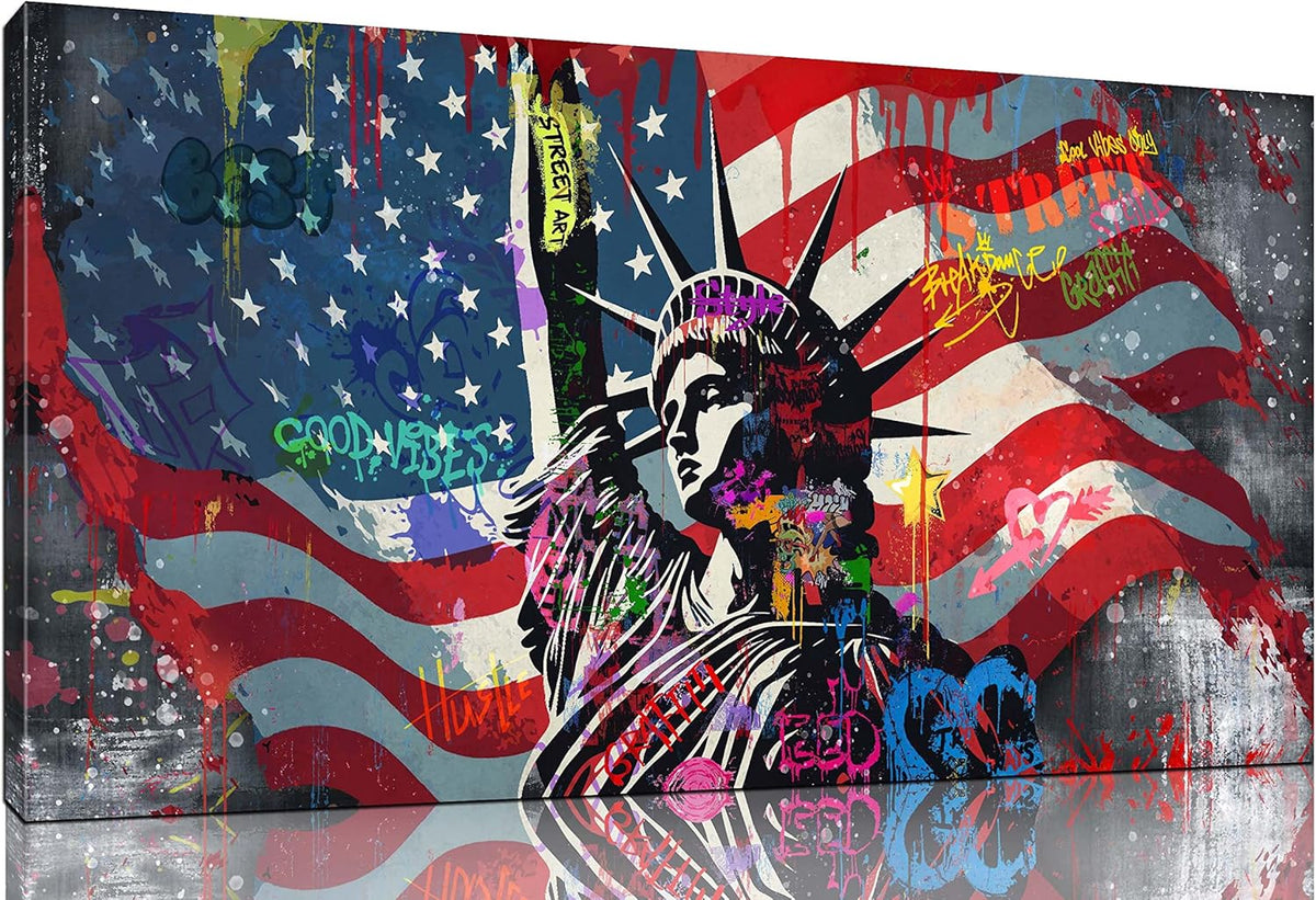 JKWALL77 American Flag Wall-Decor - Banksy Graffiti Canvas Wall Art - Office Pictures For Wall Ready To Hang Size 40" x 20"