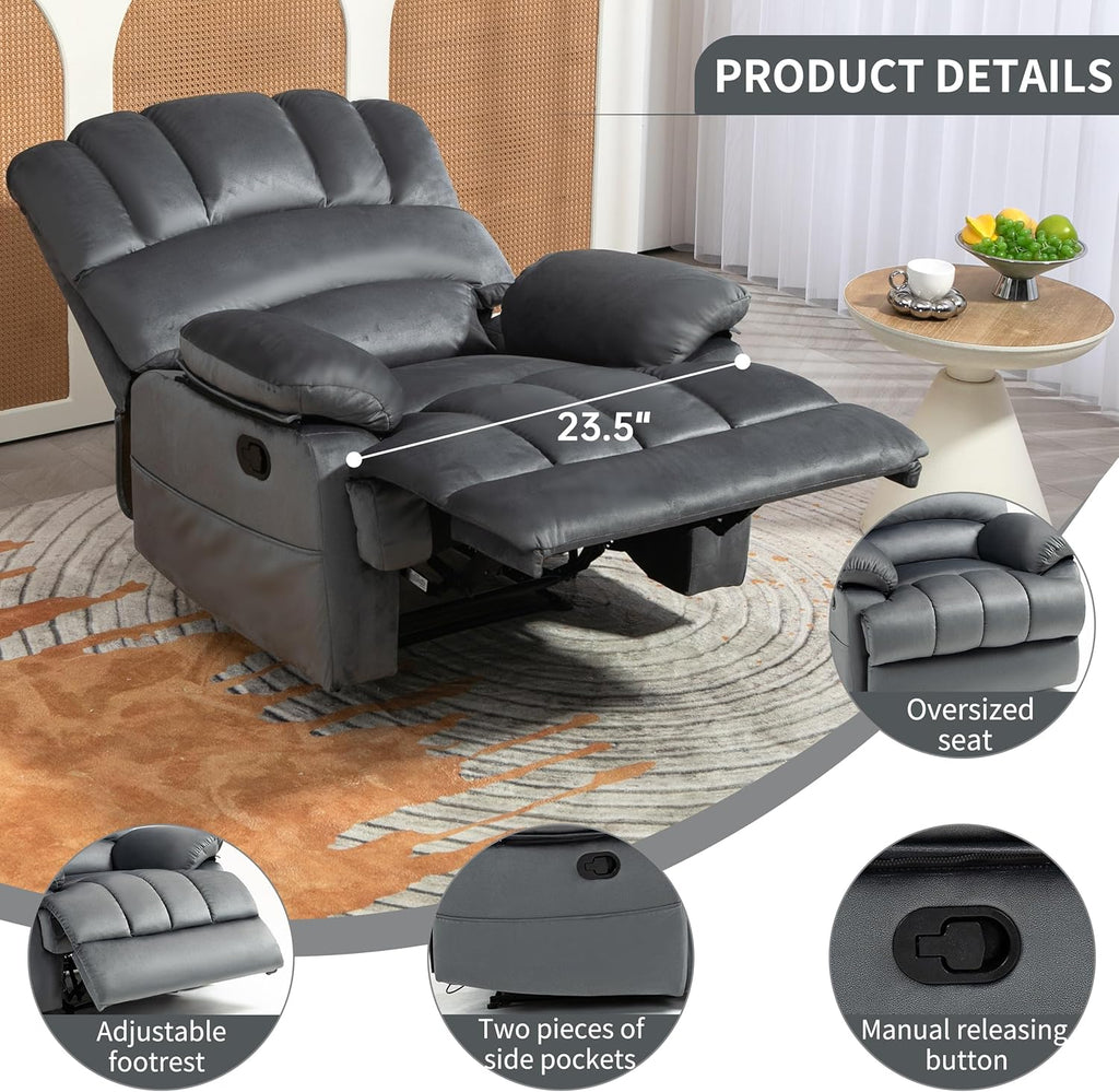 Luxlen Manual Recliner Chair, Reclining Chair with Overstuffed Armrest and Backrest, Living Room Single Sofa Recliners,Light Grey