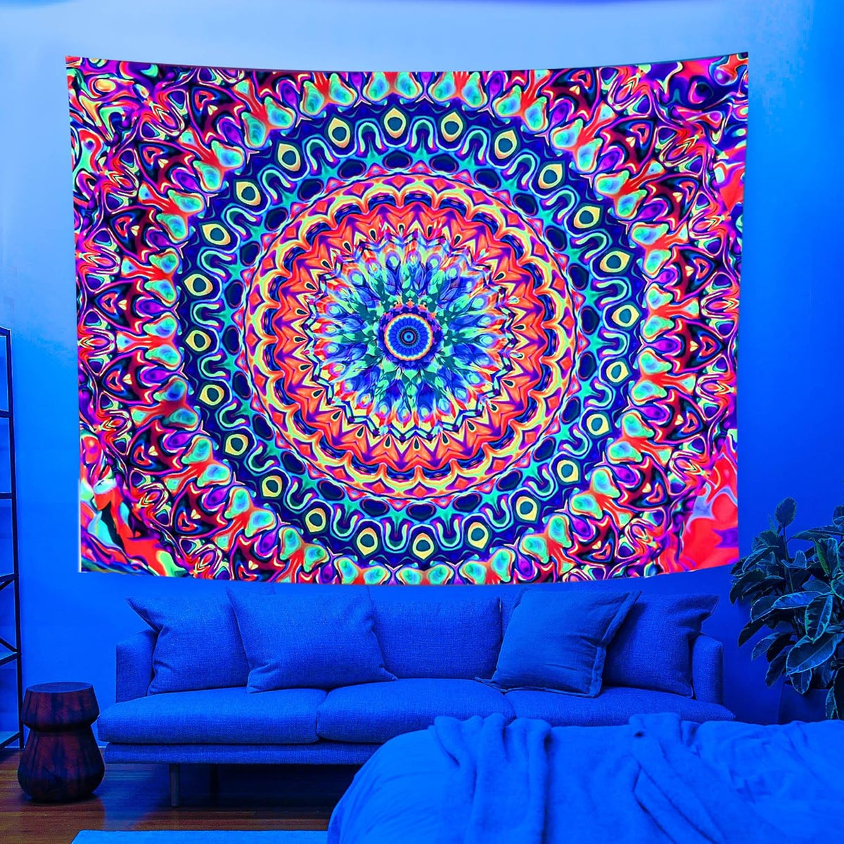 OSVINO Blacklight Colorful Mandala Tapestry 79"x59" Kaleidoscopic Trippy Room Decor Black Light Poster Bohemian Wall Decor for Bedroom Backdrop Decor