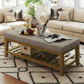 Large Rectangular Upholstered Ottoman Bench, Linen Tufted Footrest Ottoman with Solid Wood Shelf Storage Coffee Table for Bedroom Living Room, Linen