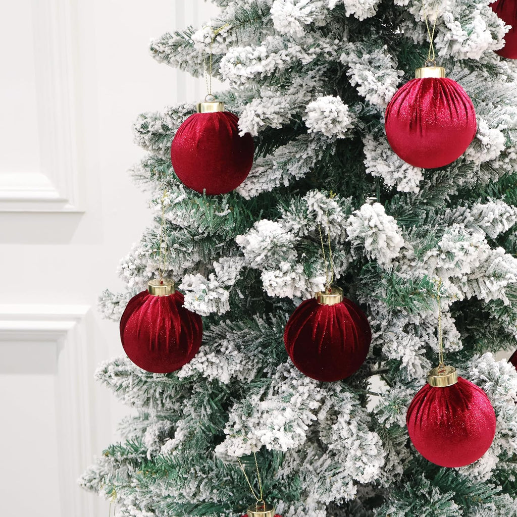 3.15inch Burgundy Velvet Ornaments for Christmas Tree, 15pcs Flocked Christmas Ornaments Decorations Balls Set Decor