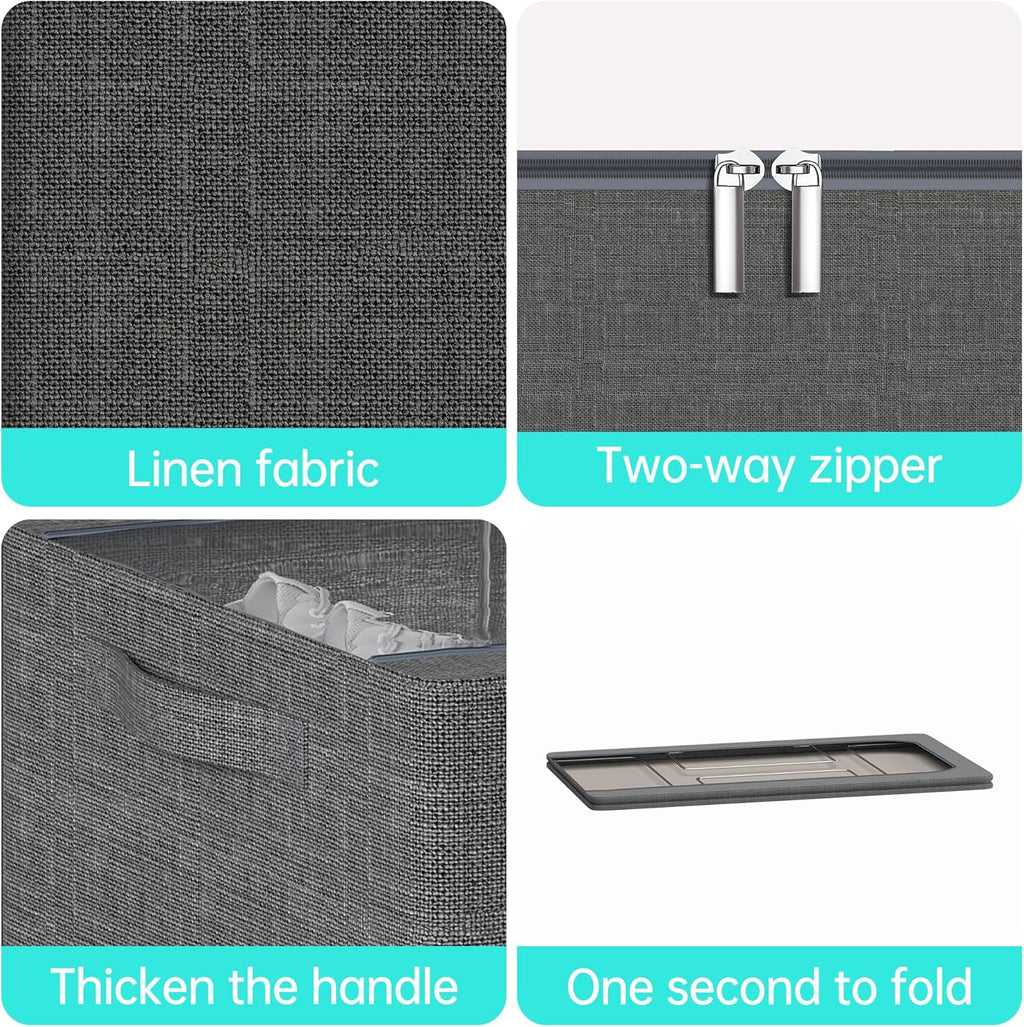 3PCS Under Bed Storage Bins with Metal Frame, Linen Fabric Frame Storage Box Clothes Organizer Bins, Underbed Container with Clear Window (Dark Grey, 23.6 x 13 x 6IN)