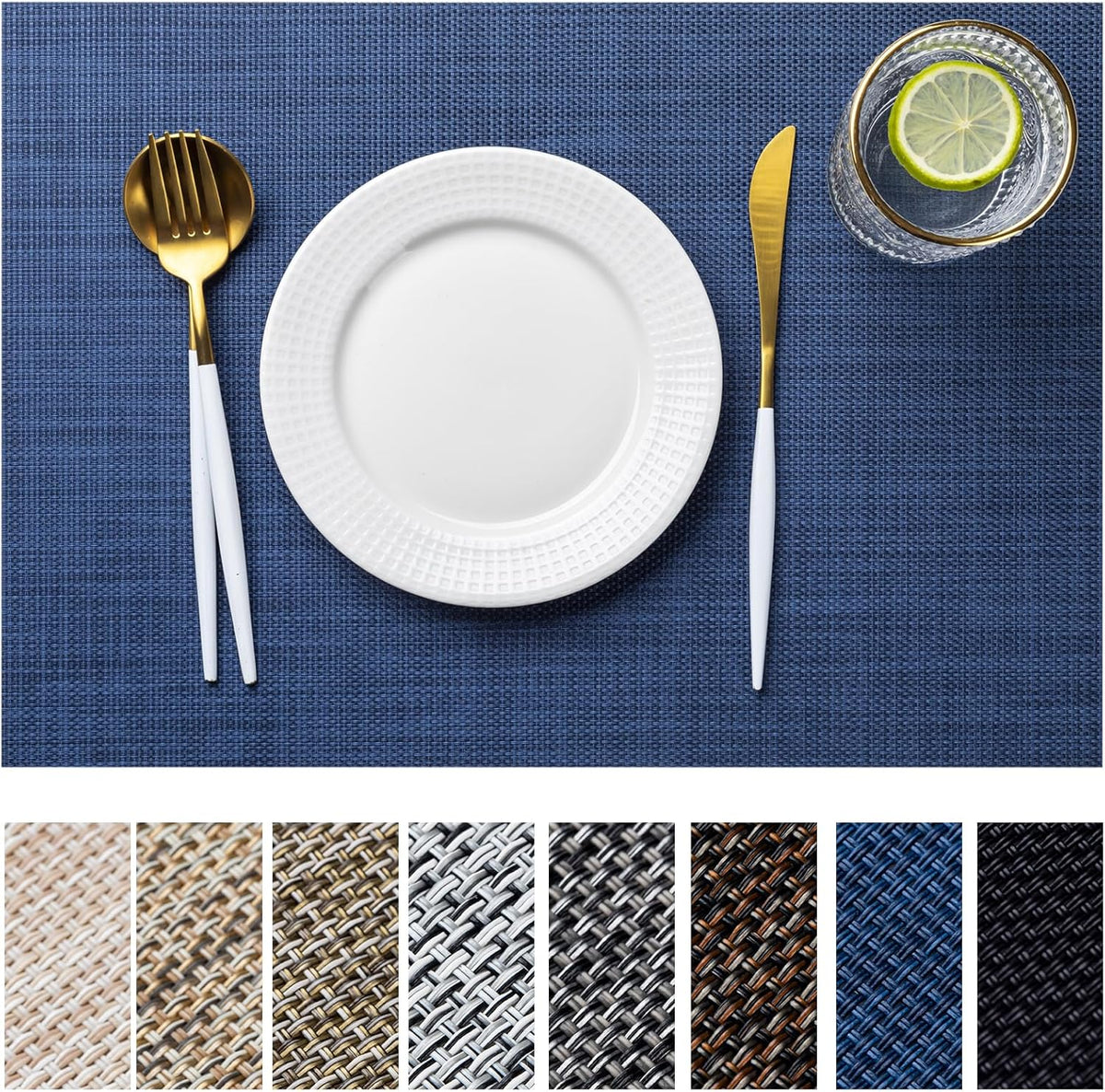 LEXMORE Placemats Set of 6 Vinyl/Plastic Woven Place Mats for Kitchen Table Indoor/Outdoor Washable Placemat Wipeable Dining Table Mats(Navy Blue)