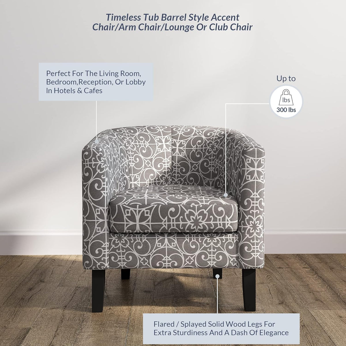 BELLEZE Accent Barrel Chair Set of 2, Linen Round Chair Club Tub Sofa Corner Chair with Flared Legs and Cozy Soft Padding for Living Room Bedroom Waiting Room - White & Gray