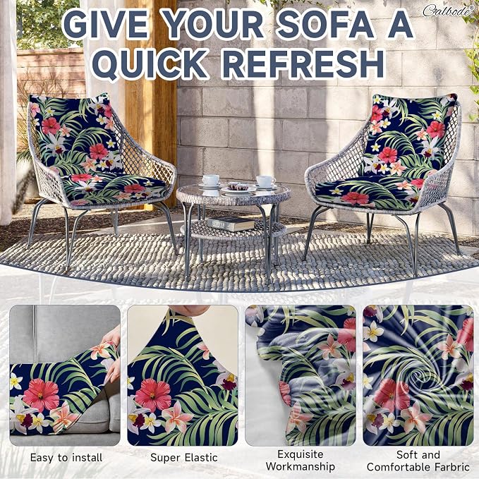 CALBODE 12 Pcs Stretch Outdoor Seat Cushion Covers, Tropical Floral, - Image 4