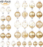 Sea Team Multi-Size Shatterproof Clear Plastic Christmas Tree Ball Ornaments Set, Decorative Hanging Transparent Xmas Baubles with Stuffed Delicate Decorations (48 Counts, Gold)