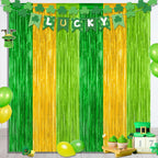 2 Pack St Patrick Party Decorations, 3.28 FT x 7.05 FT Green Gold Light Green Backdrop Curtains, Metallic St.Patrick Fringe Curtains Party Streamer Tinsel Backdrop, St Patrick Party Supplies