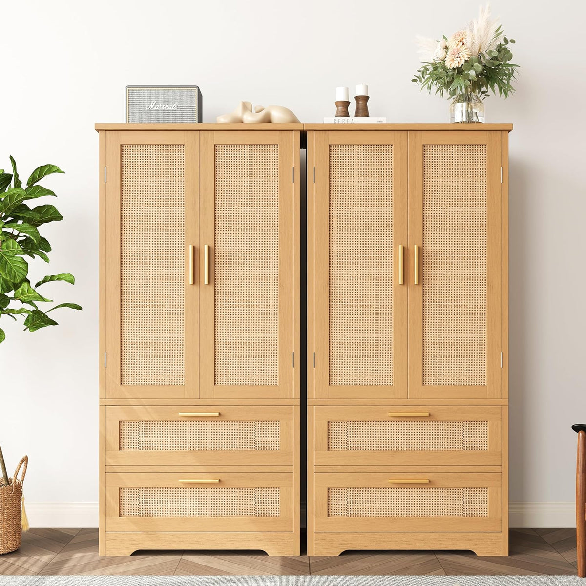50.4" H Bathroom Storage Cabinet, Modern Floor Cabinet with Adjustable Shelf, Small Pantry with 2 Doors & Drawers, Storage Cabinet for Bathroom, Living Room, Kitchen, Natural KES007MCWG