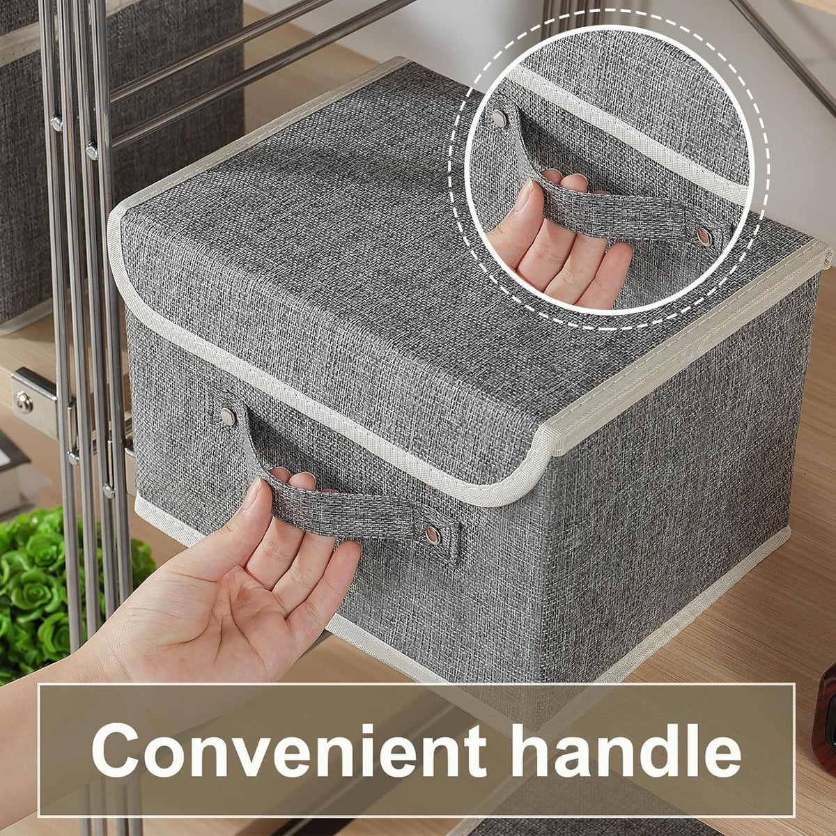 Storage Boxes, Collapsible Storage Bins with Lids, Cotton and linen cloth Storage Baskets with Handle, for Books, Closet, Bedroom, Home, 10.2x7.9x6.7 in, Grey