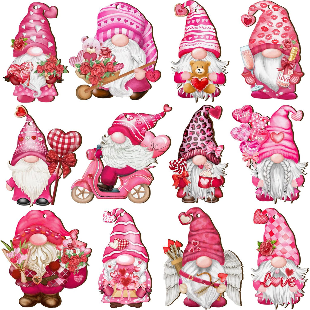 Valentine Wooden Hanging Ornaments, Wood Decor for Tree Decoration, Santa Doll Craft, Gnome Elf Party Supplies (Valentine-Gnomes-A)