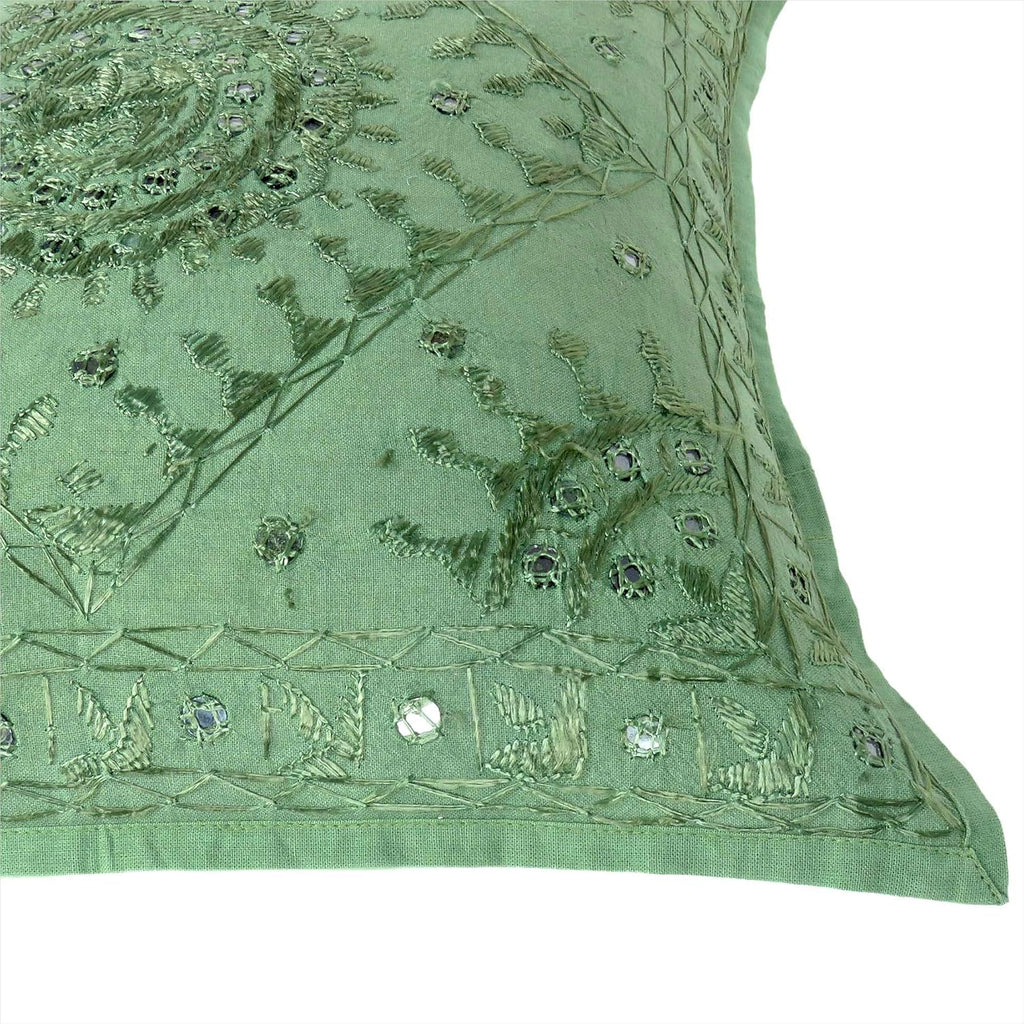 Eyes of India Embroidered Decorative Boho Throw Pillow Cover with Mirrors, Handmade Bohemian Accent Cushion Case for Sofa Couch Bedroom Living Room (Green, 24" x 24")