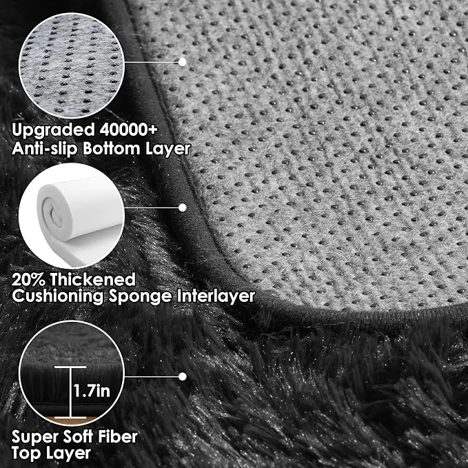 Black Area Rugs for Bedroom Living Room, Fluffy Fuzzy Shaggy 4x6 Bedside Rug - Image 3